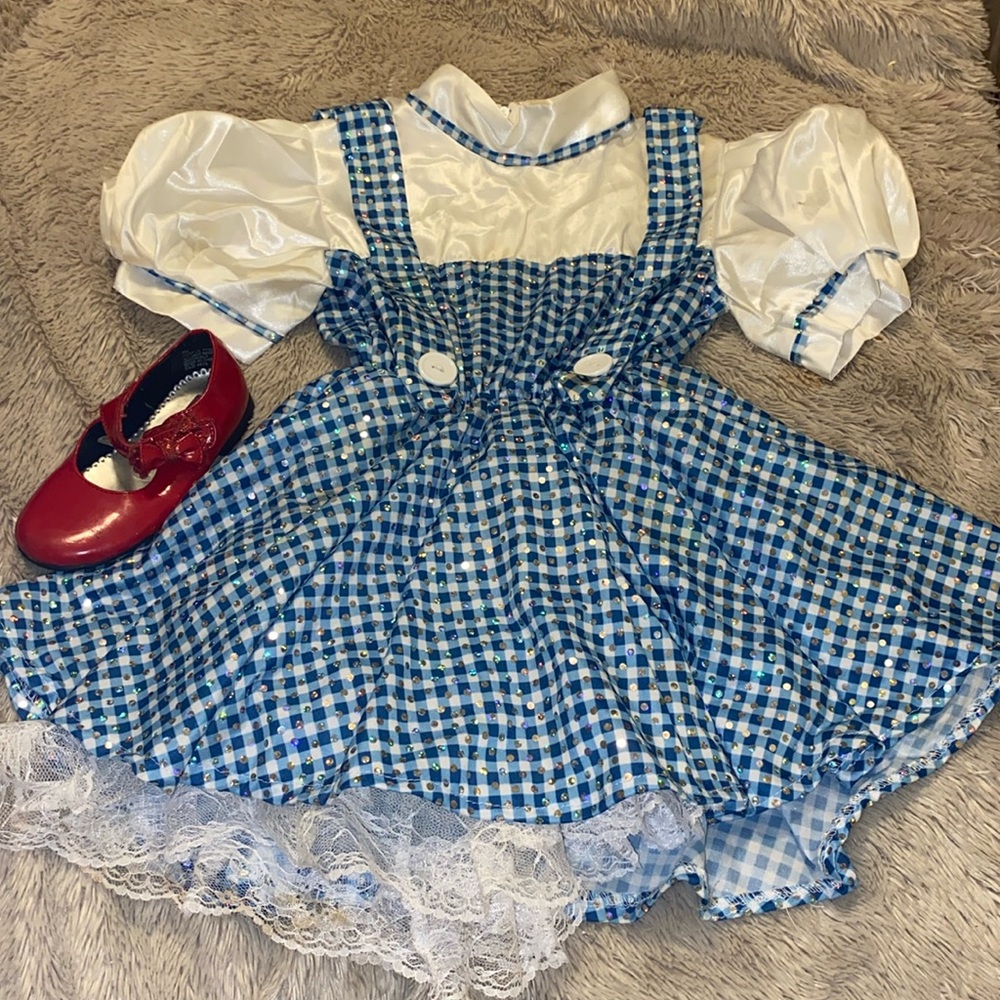 Wizard of oz Dorthy costume with ruby red shoes. Size 3-4T. Shoes are size 7c.